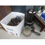 Parafin heater, set of kitchen scales, middle eastern vessel plus shoe lasts, coal scuttle and