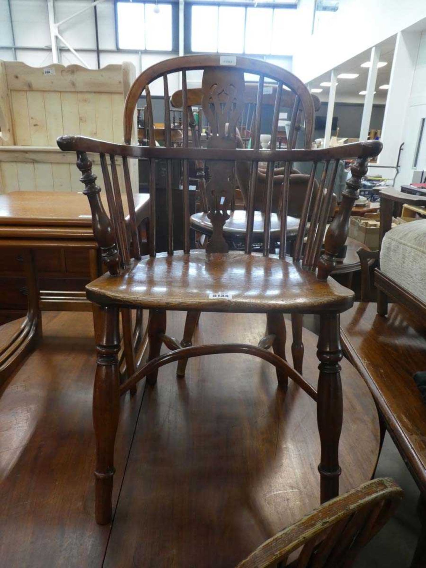 Elm seated penny chair, two provincial dining chairs plus a stickback armchair