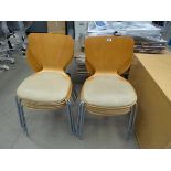 8 wooden bow backed orange box dining chairs/canteen chairs