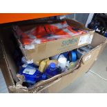 +VAT Box containing workwear and box of car items, cleaning wipes, paint etc.