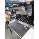 Large metal engineering bench with linbin rack and canopy over