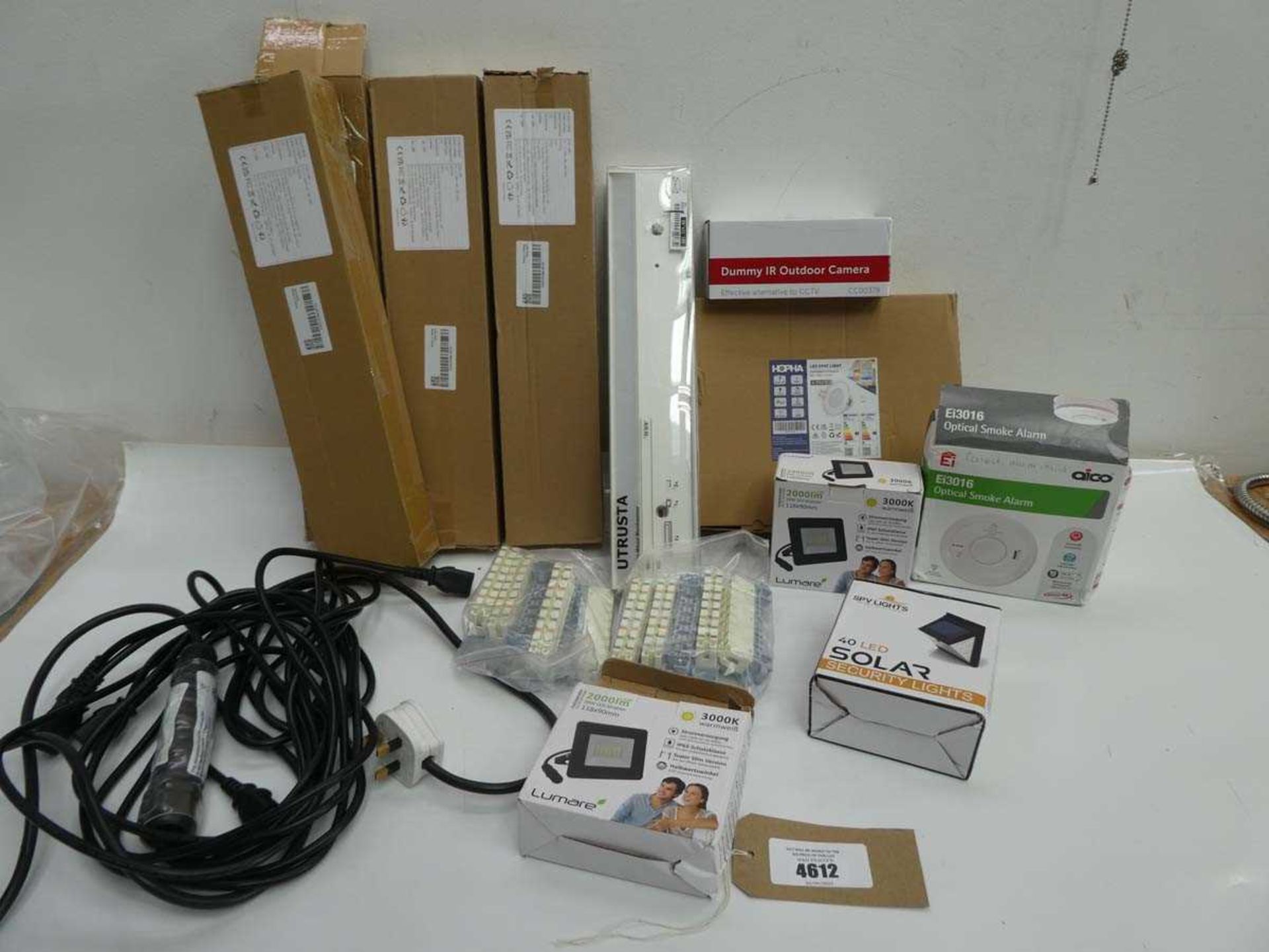 +VAT Dummy camera, Optical smoke alarm, Solar security lights, wall lights, cable etc