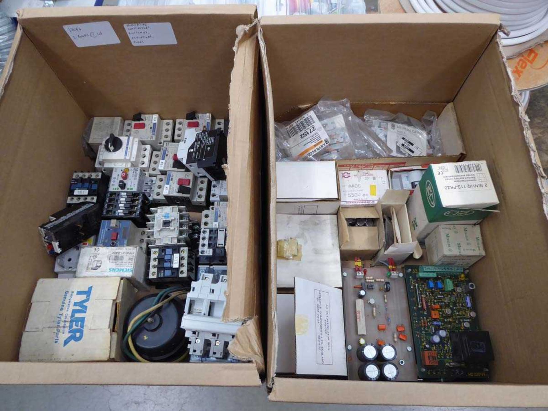 2 boxes of electrical contacts, switches and fuses etc