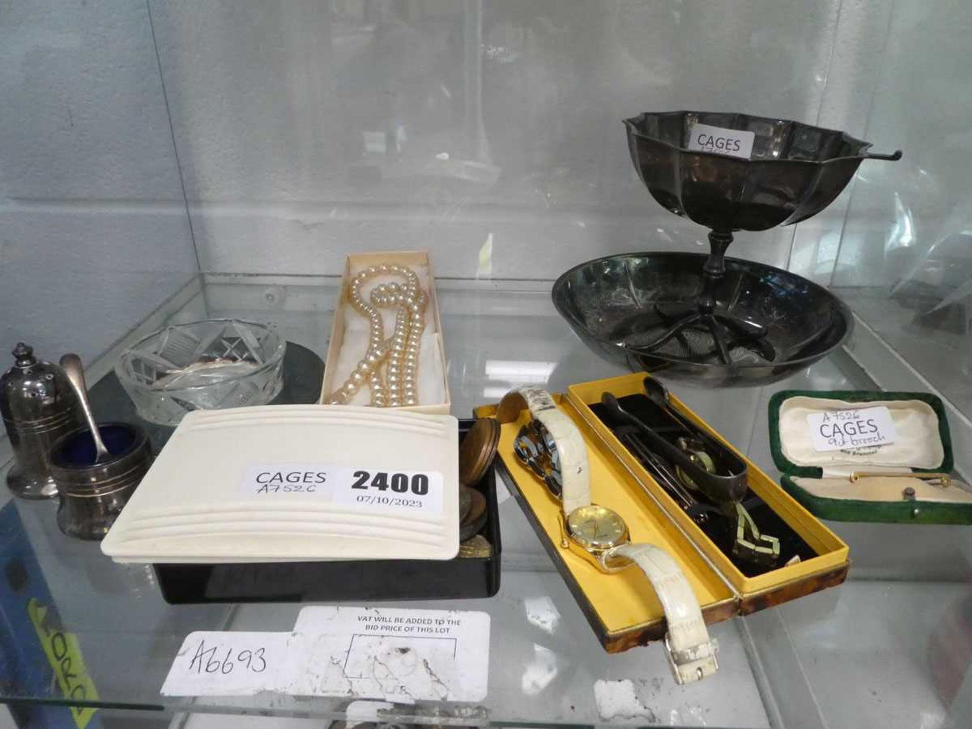 Shelf including 9ct gold broach, simulated pearls, coins, watches etc