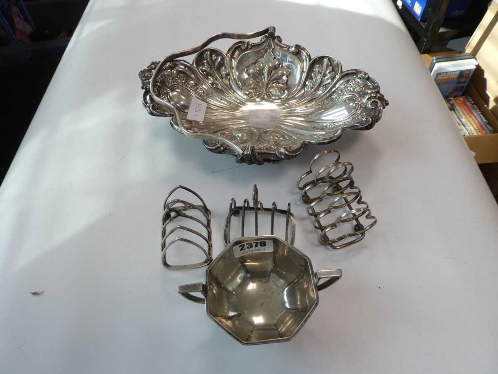 Pair of silver hallmarked toast racks together with 3 items of silver plate