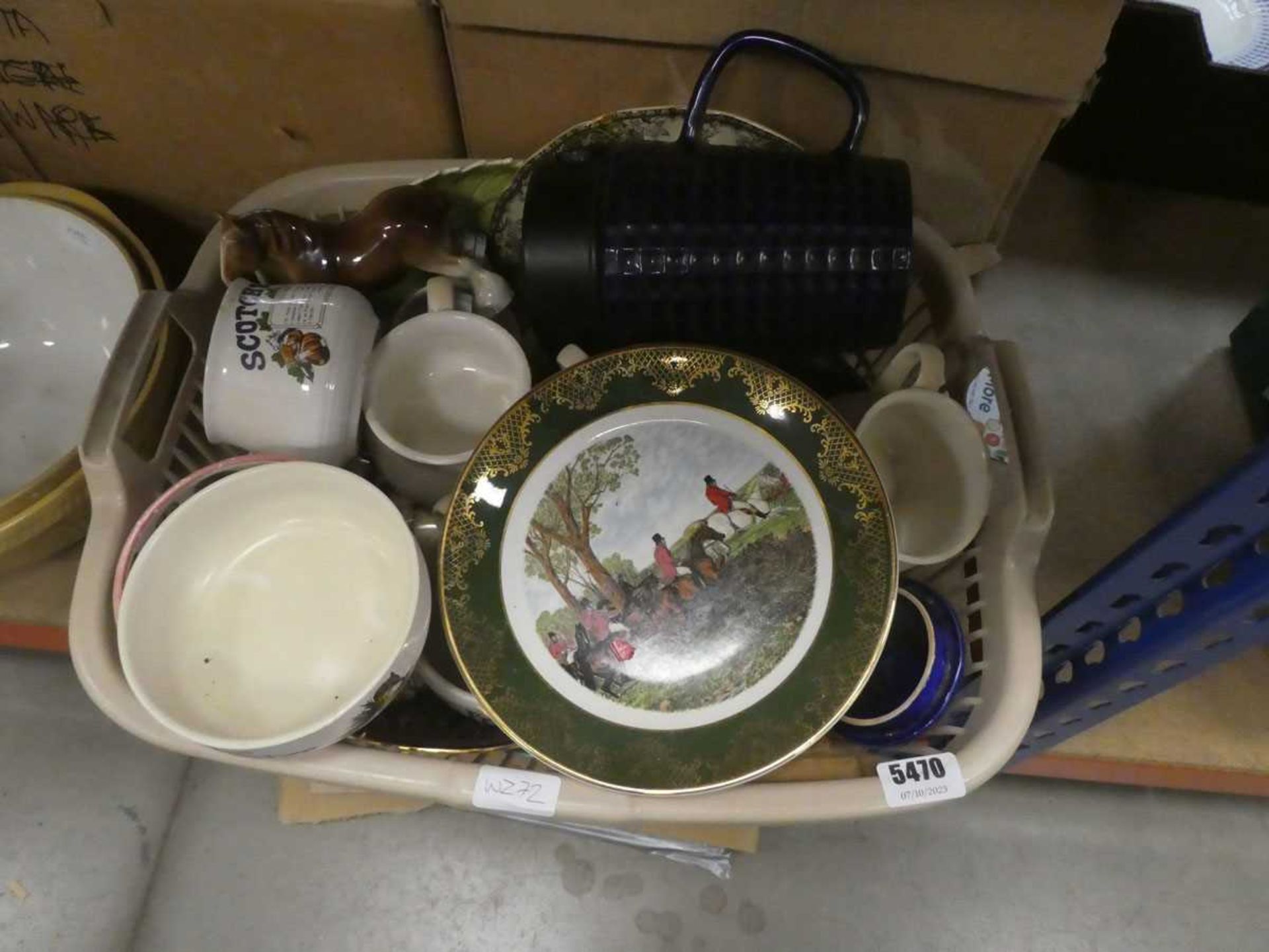 Box containing ornamental dray horse, pudding bowls, general crockery, and china