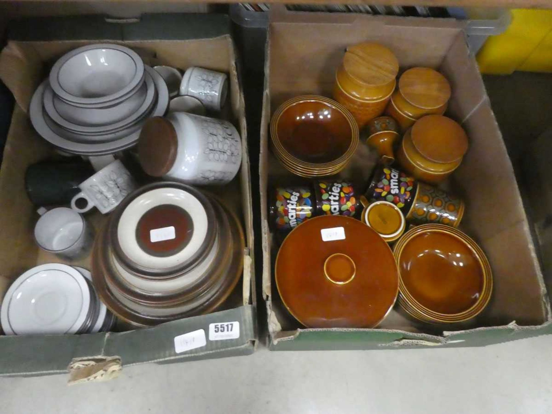 Two boxes containing Denby and Hornsey crockery