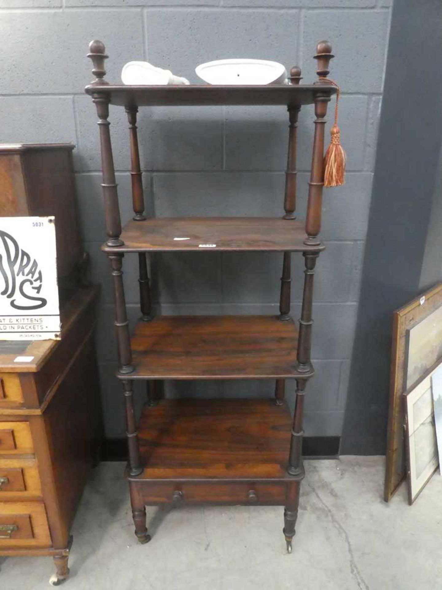 Victorian four tier rosewood whatnot stand with drawer under