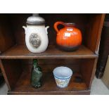 Rumtopf biscuit barrel, and eagle shaped decanter plus studio pottery bowl and jug