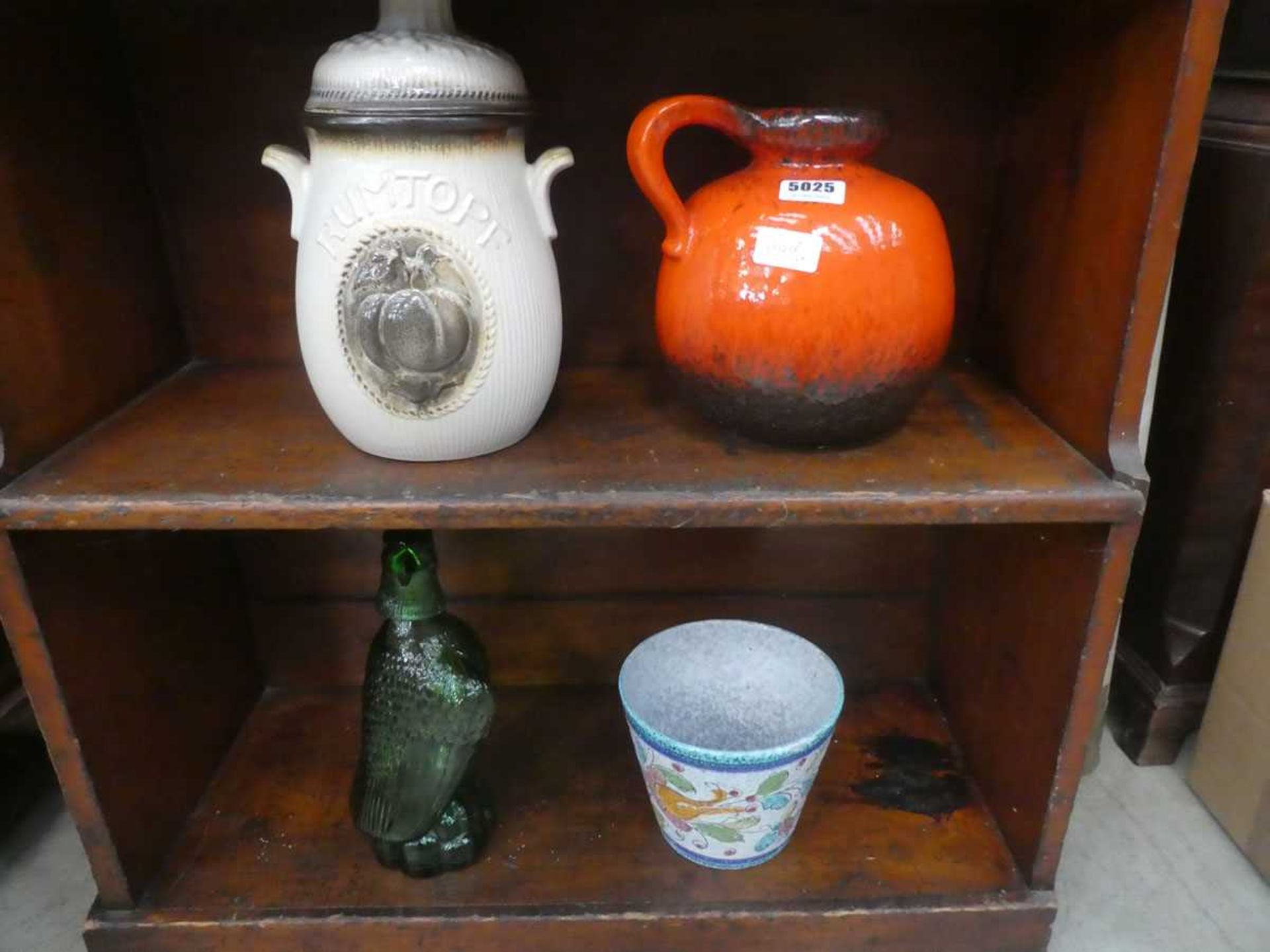 Rumtopf biscuit barrel, and eagle shaped decanter plus studio pottery bowl and jug