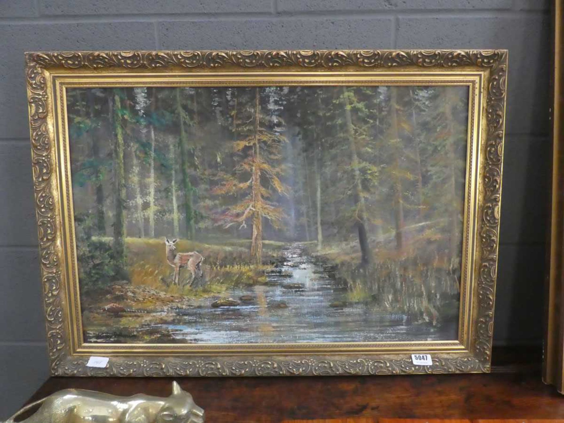 Oil on canvas - stream, forest and deer