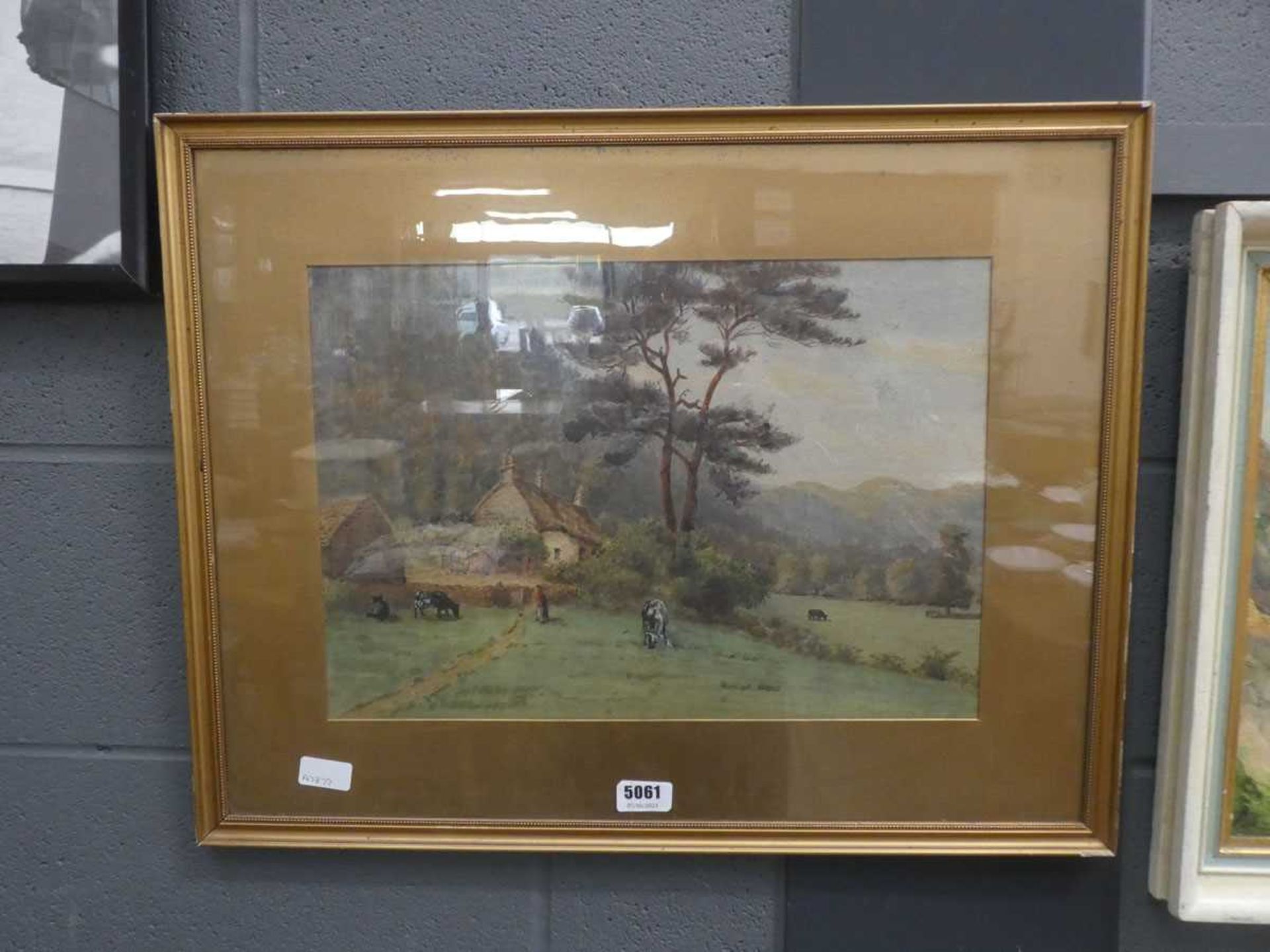 Watercolour of cattle in field, cottage in background