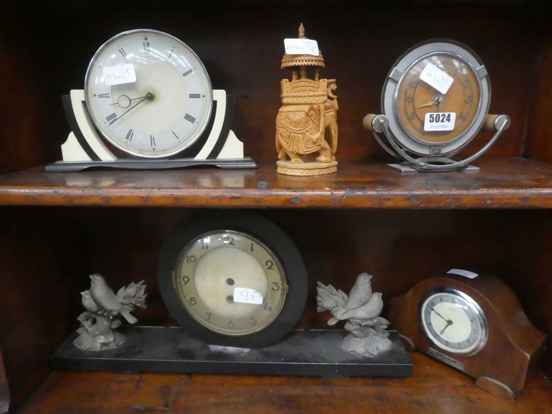 4 x Art Deco and later mantel clocks pus a carved wooden Indian elephant