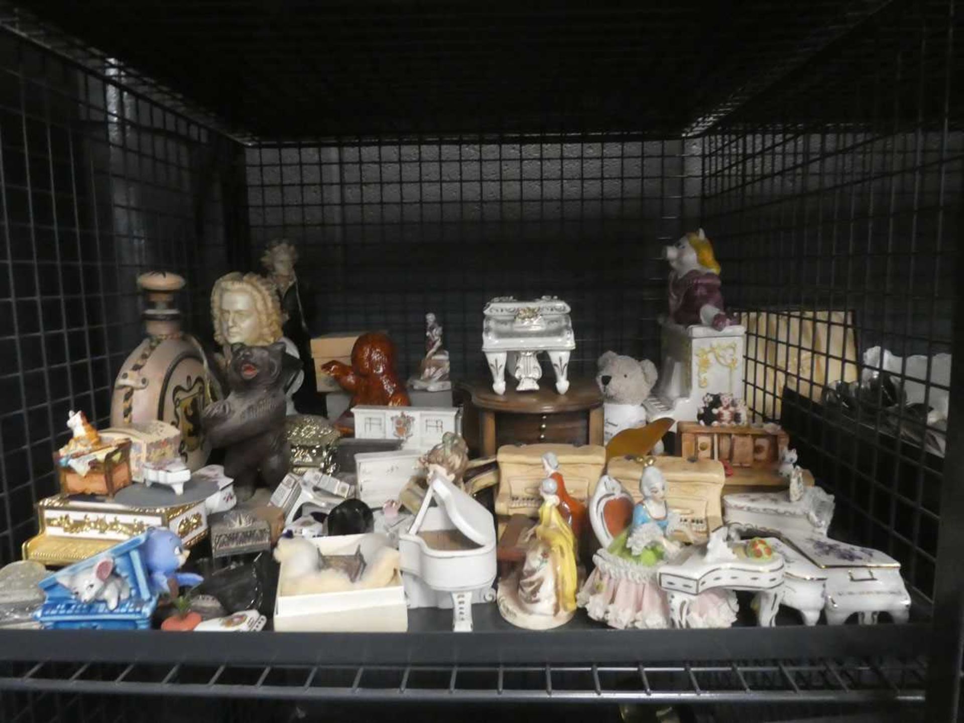 Cage containing crested ware, miniature pianos plus ornamental figures
