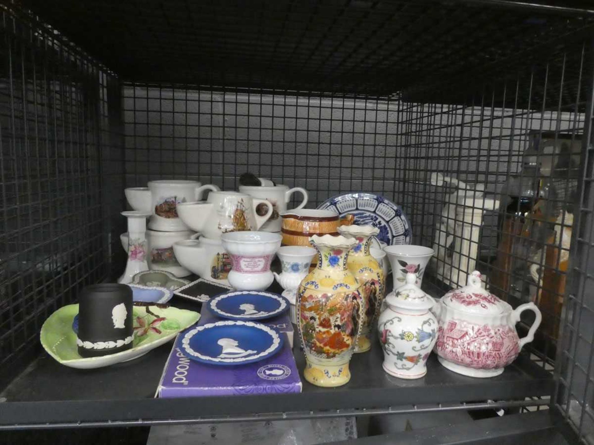 Cage containing shaving mugs, Jasperware, Carltonware, Japanese vases, and Calendar plate