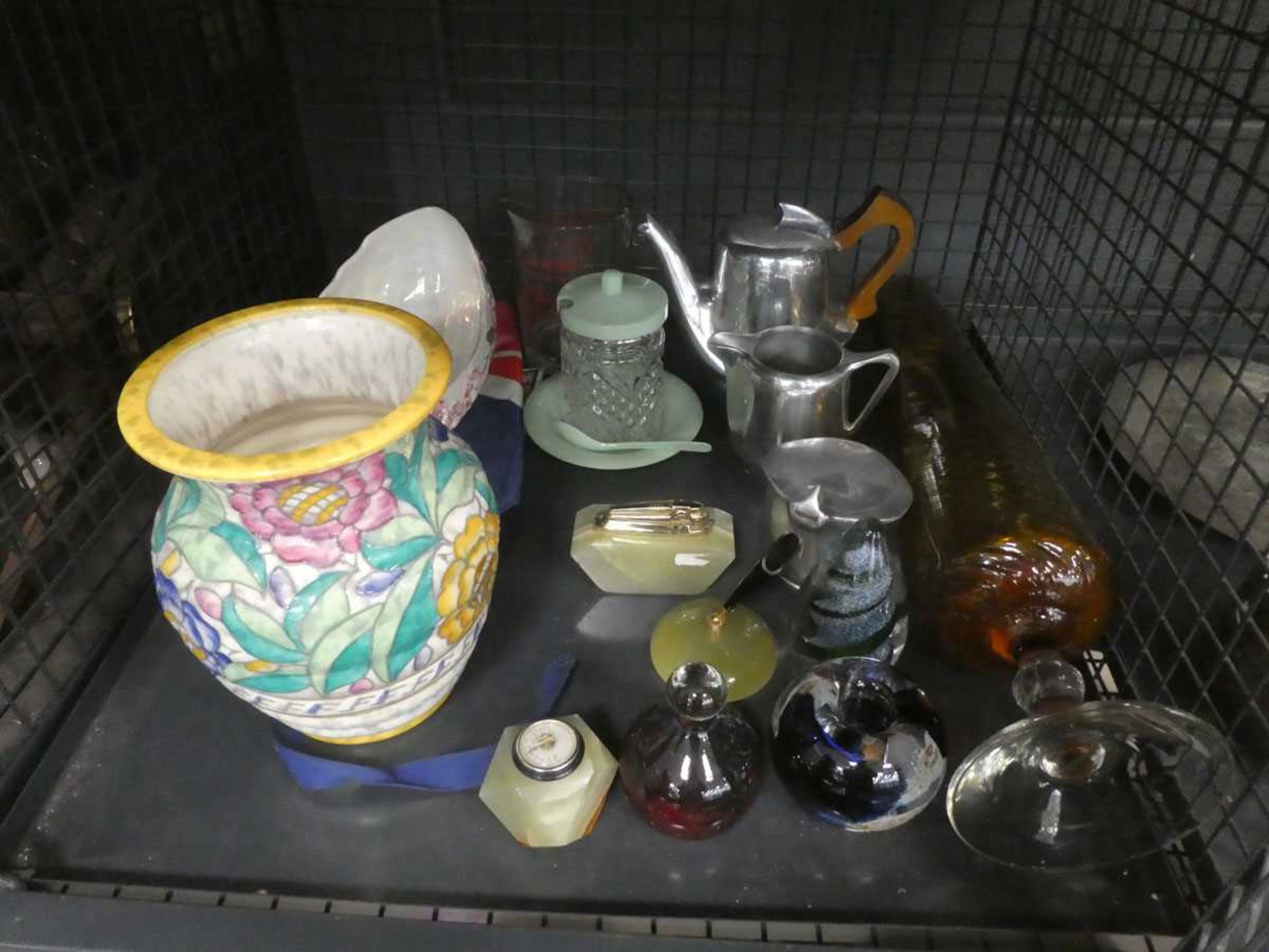 Cage containing paperweights, floral patterned vase plus Piquot ware 3 piece service
