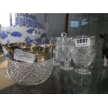 Three sherry glasses, two lidded dressing table pots, plus a jar with silver plated rim