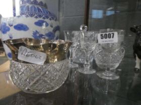 Three sherry glasses, two lidded dressing table pots, plus a jar with silver plated rim