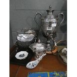Quantity of silver plate to include sugar bowl, samovar, biscuit basket. Plus two silhouettes,
