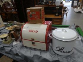 Two kitchen scales with weights, plus two enamelled bread bins, and electric toaster