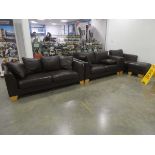 Brown leather effect 3 seater sofa, matching 2 seater armchair and footstool
