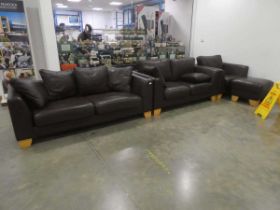 Brown leather effect 3 seater sofa, matching 2 seater armchair and footstool