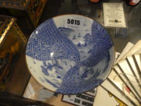 A Japanese Takahashi blue and white bowl typically decorated with traditional landscapes, d. 15 cm