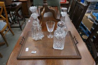 Oak serving tray plus three decanters and wine glass
