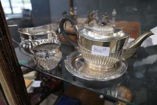 4 x pieces of silver plate to include teapot, sugar bowl, jug and shallow dish