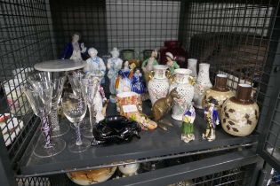 Cage containing Staffordshire figures, wine glasses, plus vases and brass kangaroo