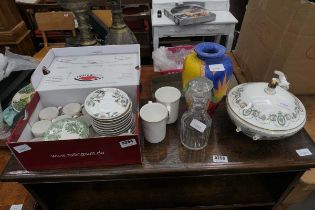 Box containing Staffordshire cups, coffee cups and saucers, small decanter, lidded tureen, coffee