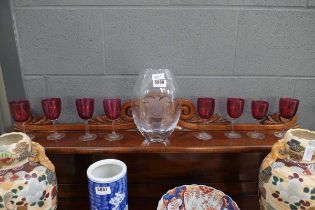 Etched glass vase entitled 'The worshipful company of gardeners', plus a harlequin set of eight wine