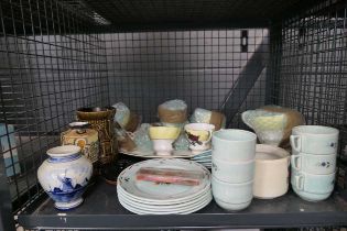 Cage containing a quantity of Adams cups and saucers, plus Delft pot and Japanese vase