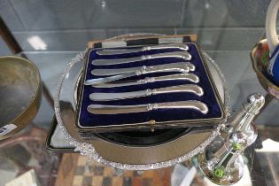 2 x silver plated shallow dishes, silver plated salt & pepper set plus 7 x pistol grip butter knives