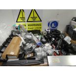 +VAT Large mixed box including rat traps, castors, TV brackets, warning notices, furniture feet,