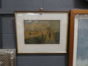 Framed and glazed picture of young lady at the seaside