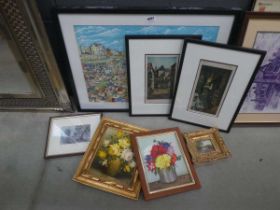 Quantity of pictures to include seaside scenes, still life of flowers etc