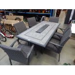 +VAT Rectangular tiled topped garden table with patio burner insert and six matching rattan chairs