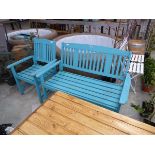 Blue painted wooden slatted 2 seater garden bench with matching armchair
