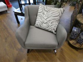 +VAT Mid century design style easy chair in silver coloured material with patterned scatter cushion