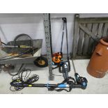 Mac Allister electric long reach hedge cutter, electric chainsaw, cable reel and pair of long