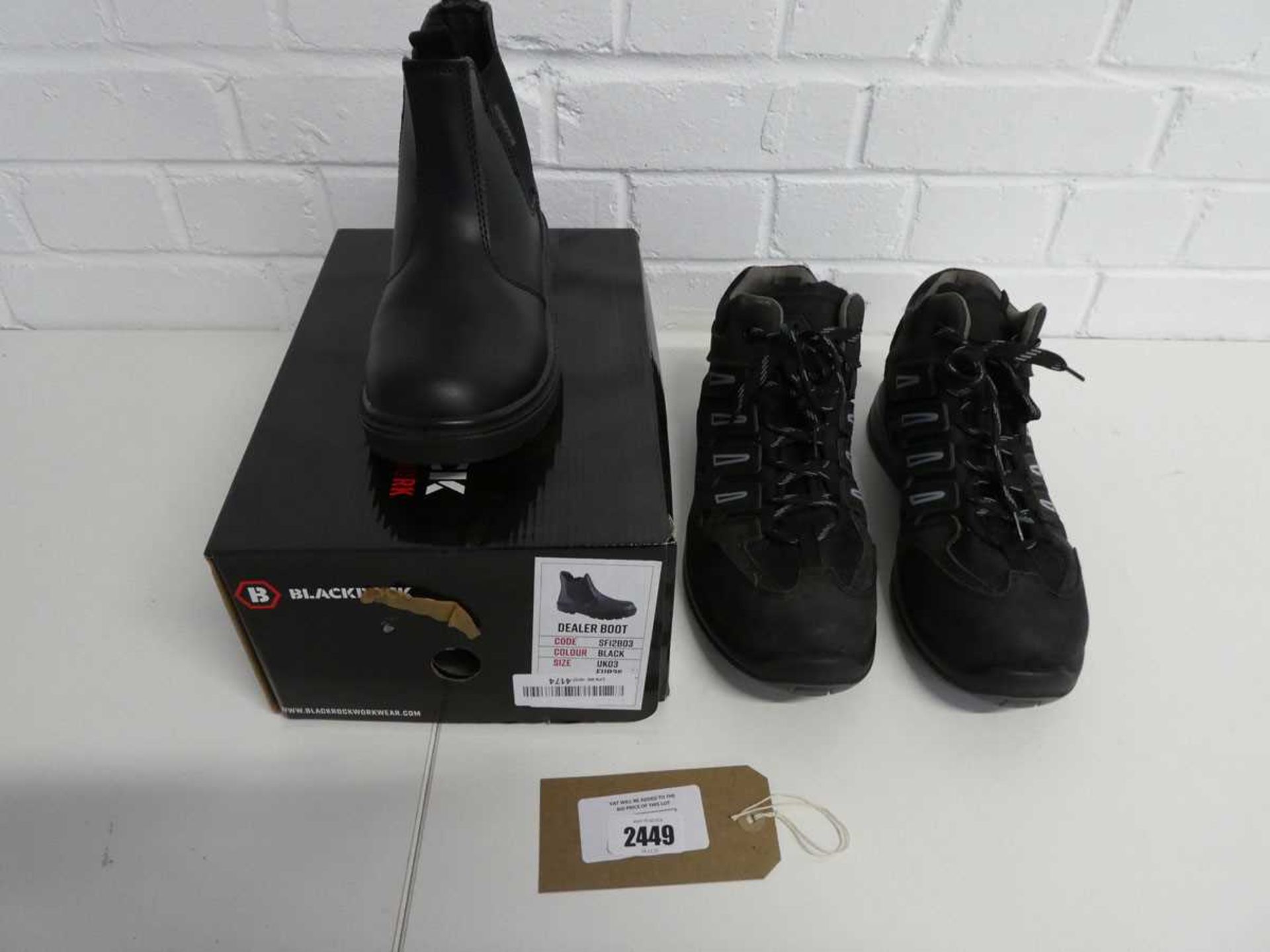 Boxed pair Blackrock safety dealer boots (UK3), with pair of Blackrock steel toe safety boots (