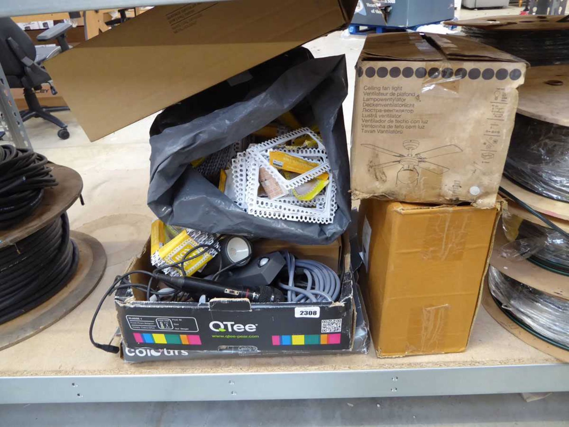 Quantity of mixed electrical items incl. Colours ceiling light, bag of box beads, various cabling,