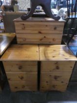 Modern pine chest of 5 drawers, together with a pair of matching bedsides Damage to drawers on the