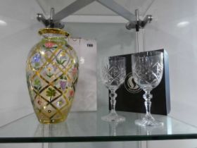 Shelf containing 2 crystal goblets and a Lenox hand painted vase