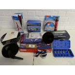 +VAT Assortment of car maintenance tooling to include a Hilka multipurpose siphon pump kit, oil pump