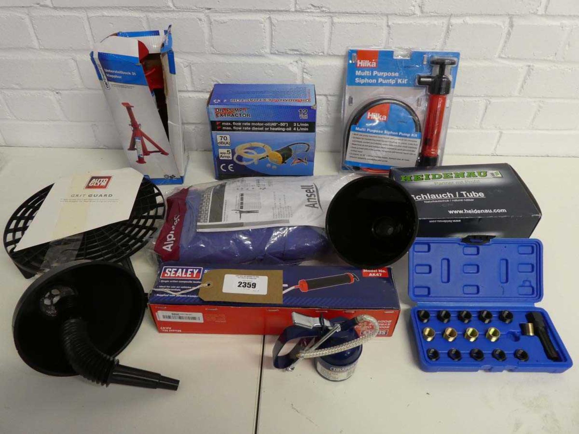 +VAT Assortment of car maintenance tooling to include a Hilka multipurpose siphon pump kit, oil pump