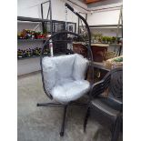 +VAT Black metal framed single seater hanging egg chair with light grey cushions