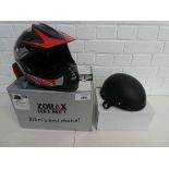 +VAT Zorax black and red childs motor cross helmet together with a childs black bicycle helmet