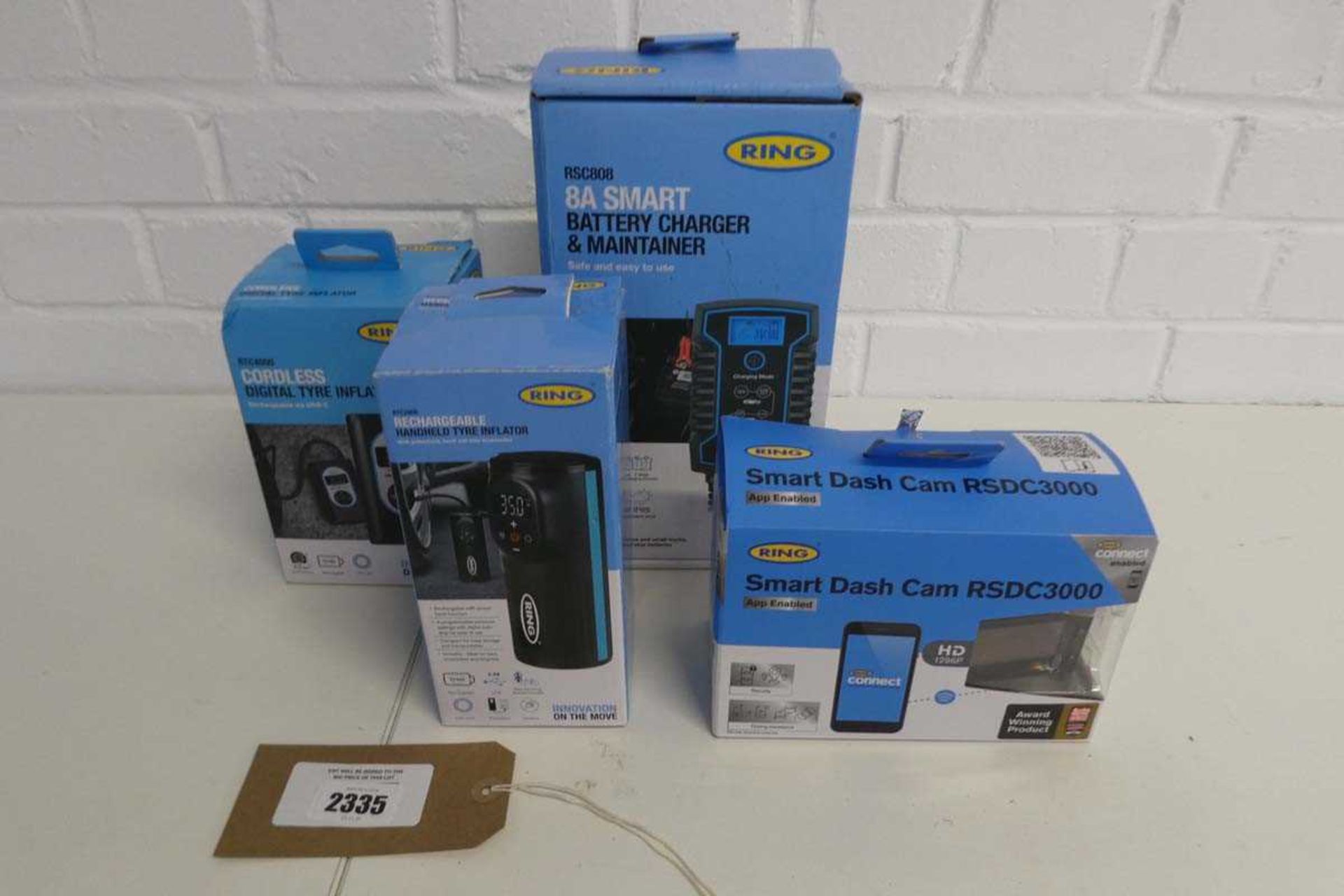 +VAT RING 8A RSC808 battery charger and maintainer together with a RING cordless Digital Tyre